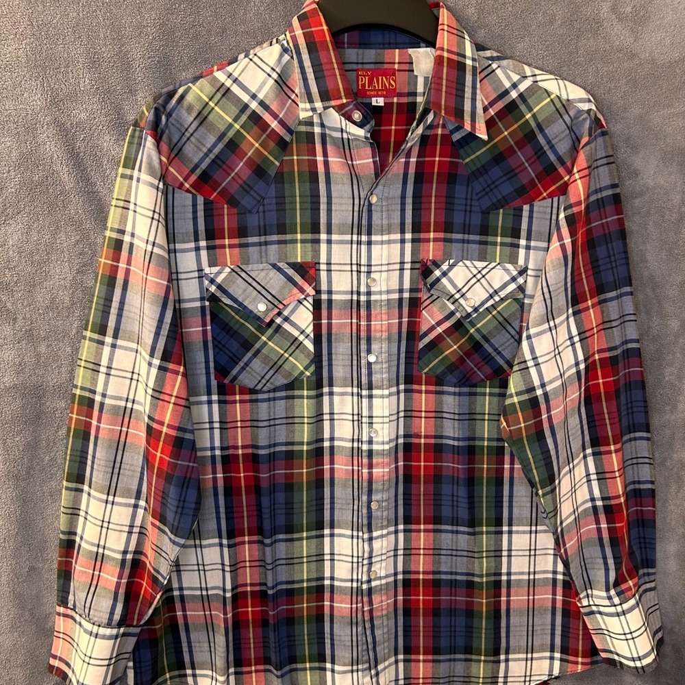 Vintage ELY PLAINS Mens L Plaid Pearl Snap Western Shirt Long Sleeve